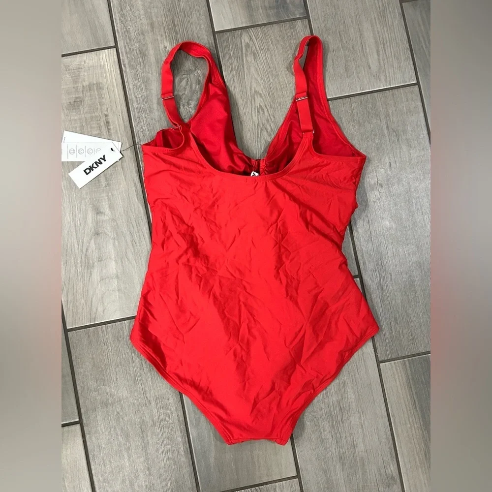 DKNY Size Large Women's Black V-Neck Ring One Piece Tummy Compression Swimsuit - Picture 5 of 7